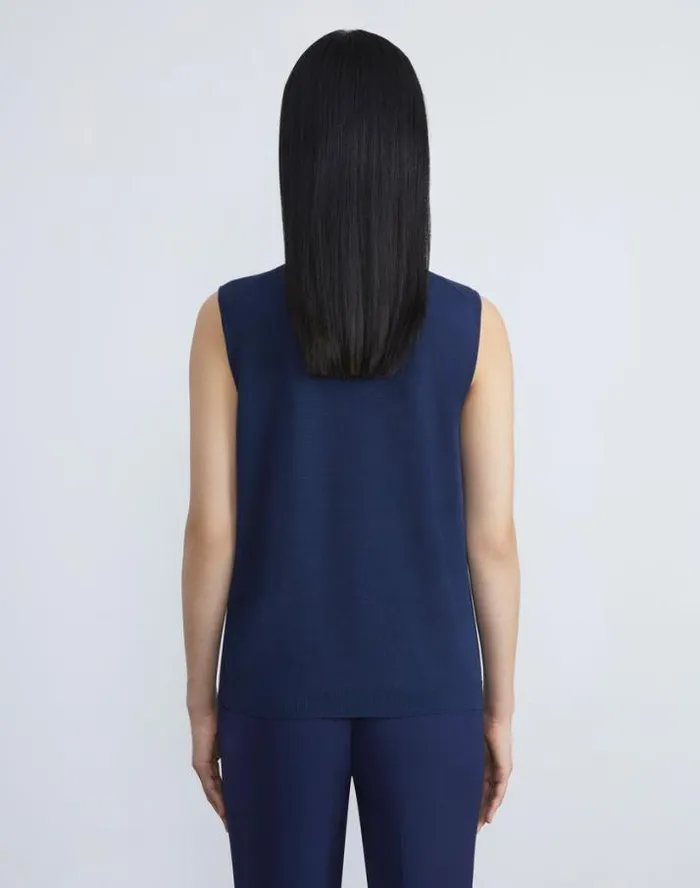 Lafayette 148 New York Matte Crepe Sleeveless Turtleneck Sweater Midnight Blue Ready To Wear Sweaters and Knits