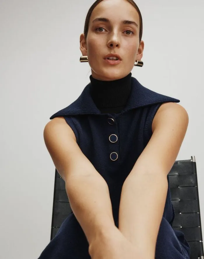 Lafayette 148 New York Matte Crepe Sleeveless Turtleneck Sweater Midnight Blue Ready To Wear Sweaters and Knits