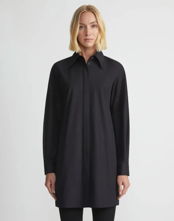 Lafayette 148 New York Organic Cotton Poplin Side Button Shirt Black Ready To Wear Blouses and Shirts