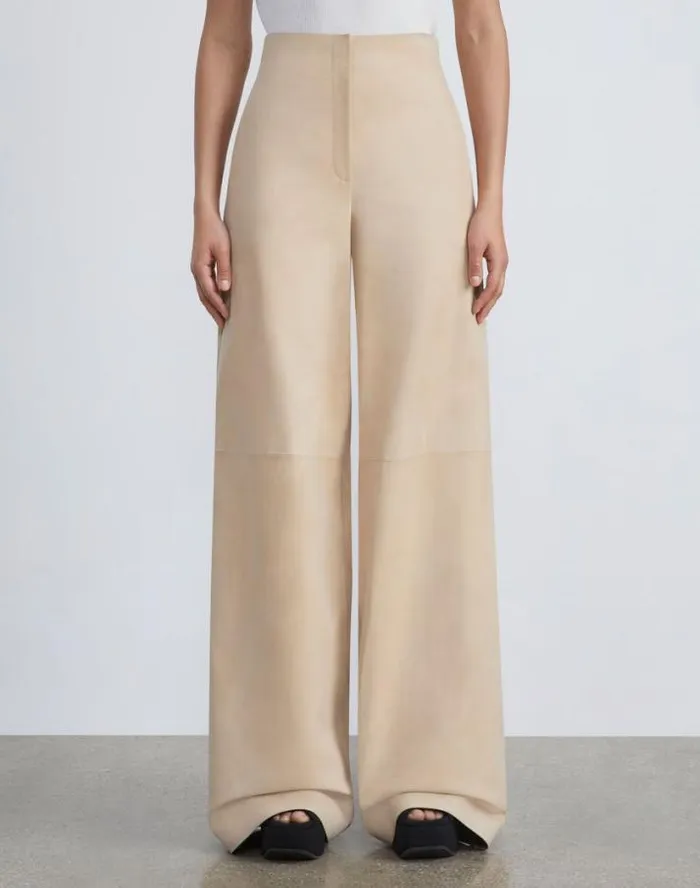 Lafayette 148 New York Paperfine Suede Thames Wide Leg Pant Dune Ready To Wear Pants and Shorts