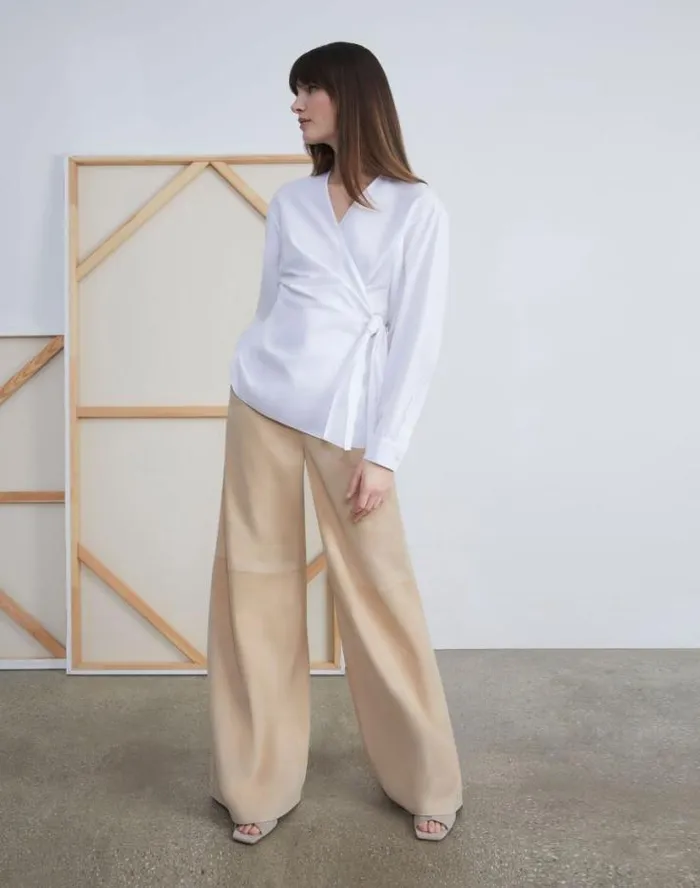 Lafayette 148 New York Paperfine Suede Thames Wide Leg Pant Dune Ready To Wear Pants and Shorts