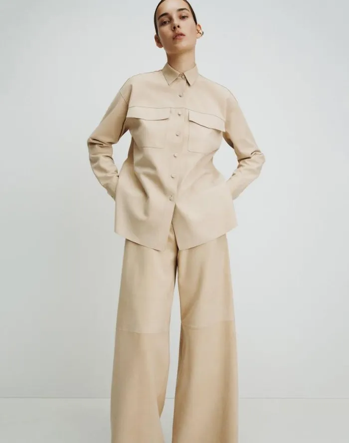Lafayette 148 New York Paperfine Suede Thames Wide Leg Pant Dune Ready To Wear Pants and Shorts