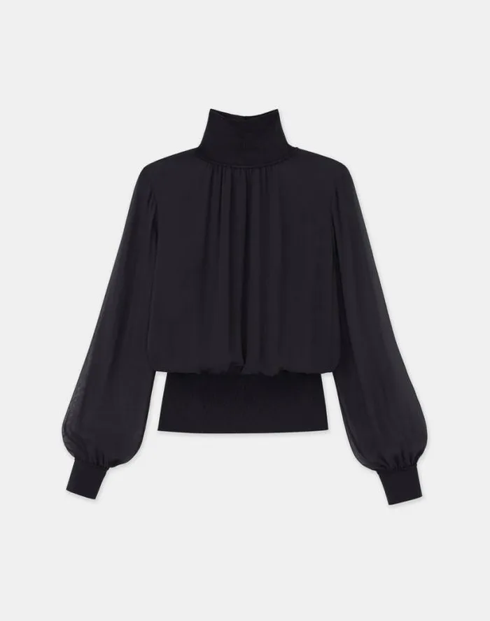 Lafayette 148 New York Silk Georgette Turtleneck Blouse Black Ready To Wear Blouses and Shirts Lafayette 148 New York Silk Georgette Turtleneck Blouse Black Ready To Wear Blouses and Shirts