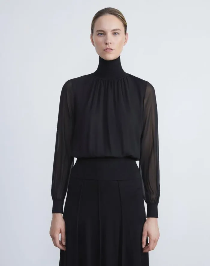 Lafayette 148 New York Silk Georgette Turtleneck Blouse Black Ready To Wear Blouses and Shirts