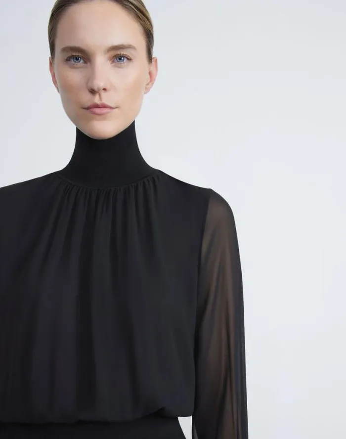 Lafayette 148 New York Silk Georgette Turtleneck Blouse Black Ready To Wear Blouses and Shirts