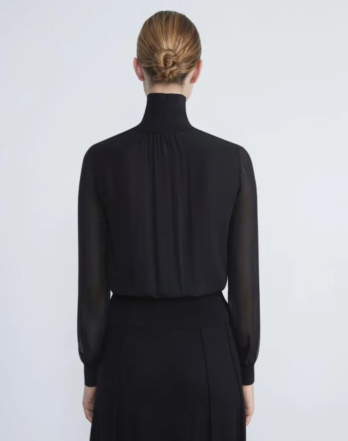 Lafayette 148 New York Silk Georgette Turtleneck Blouse Black Ready To Wear Blouses and Shirts
