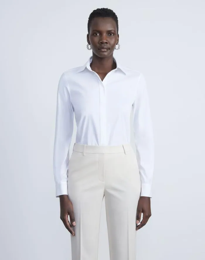 Lafayette 148 New York Stretch Cotton Button Down Bodysuit White Ready To Wear Blouses and Shirts