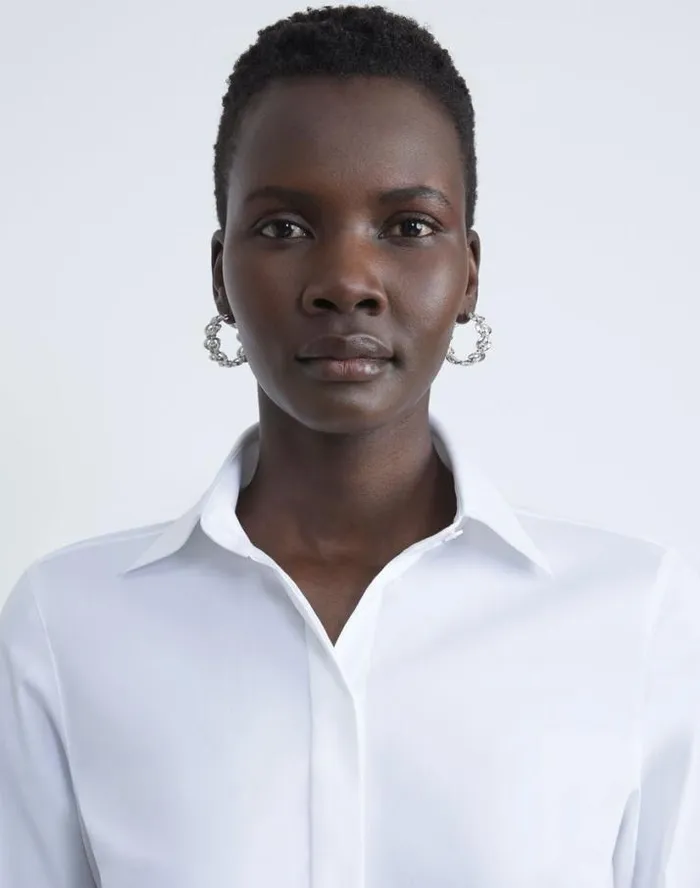 Lafayette 148 New York Stretch Cotton Button Down Bodysuit White Ready To Wear Blouses and Shirts