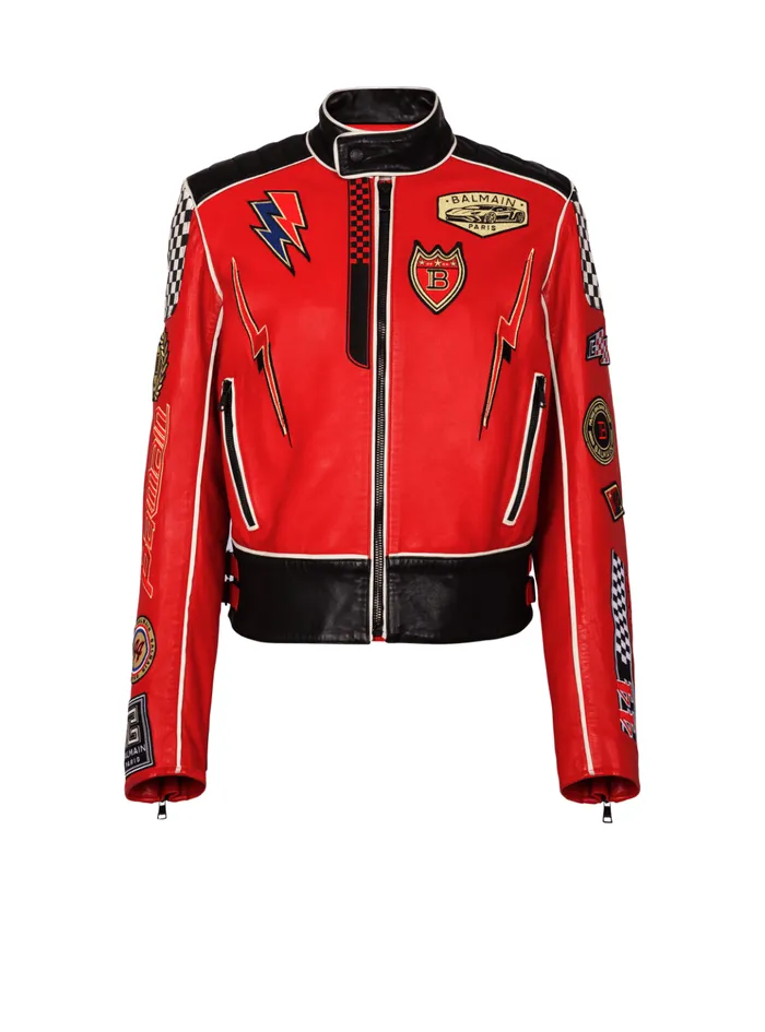 Lambskin Jacket With Racing Patches Red Men Balmain Outerwear
