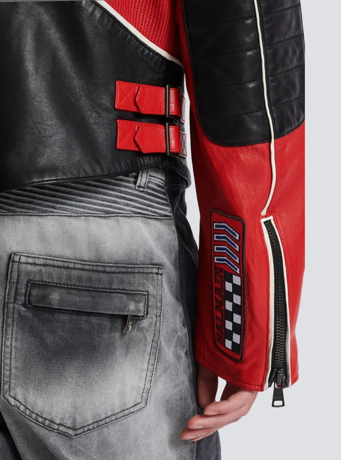 Lambskin Jacket With Racing Patches Red Men Balmain Outerwear