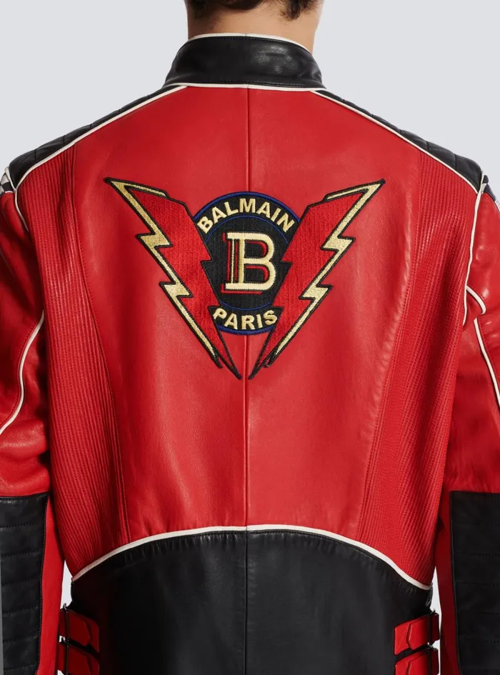 Lambskin Jacket With Racing Patches Red Men Balmain Outerwear