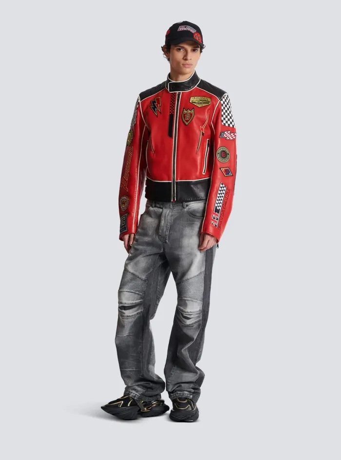 Lambskin Jacket With Racing Patches Red Men Balmain Outerwear