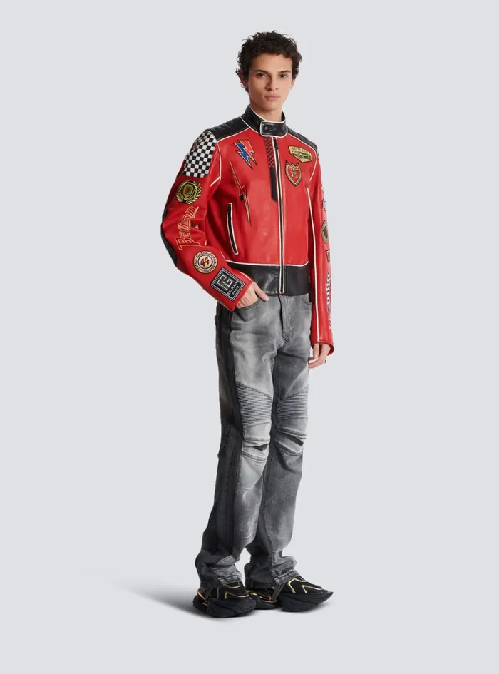 Lambskin Jacket With Racing Patches Red Men Balmain Outerwear