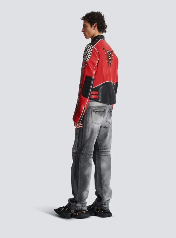 Lambskin Jacket With Racing Patches Red Men Balmain Outerwear