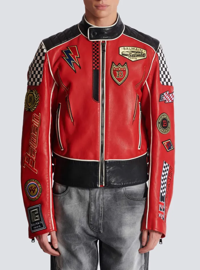 Lambskin Jacket With Racing Patches Red Men Balmain Outerwear