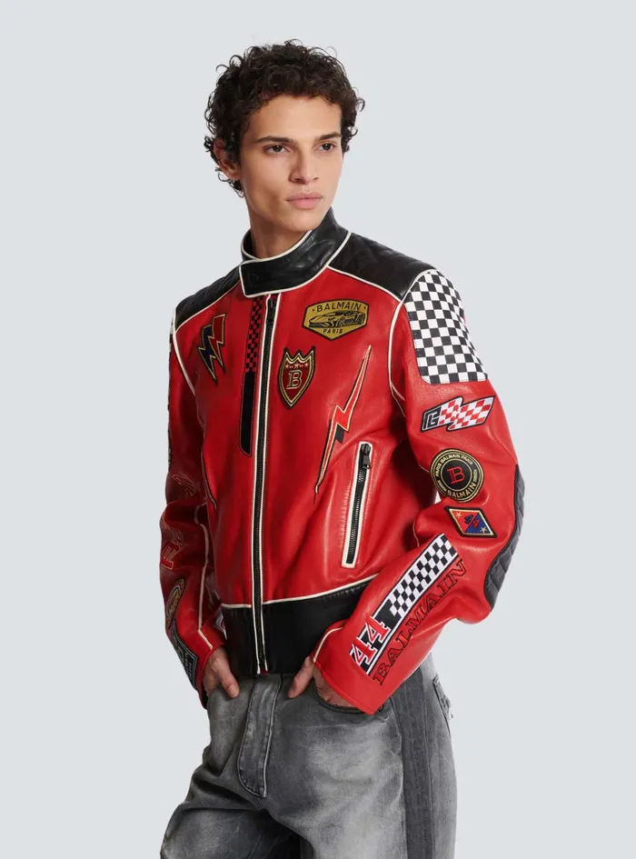 Lambskin Jacket With Racing Patches Red Men Balmain Outerwear