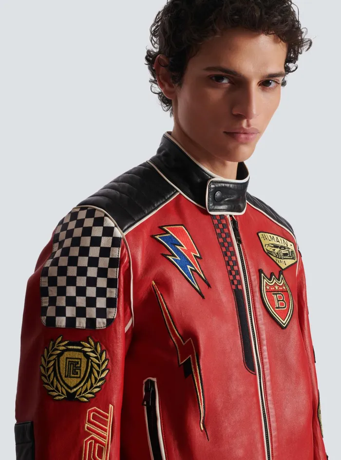 Lambskin Jacket With Racing Patches Red Men Balmain Outerwear