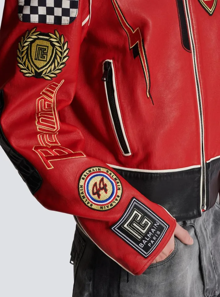 Lambskin Jacket With Racing Patches Red Men Balmain Outerwear