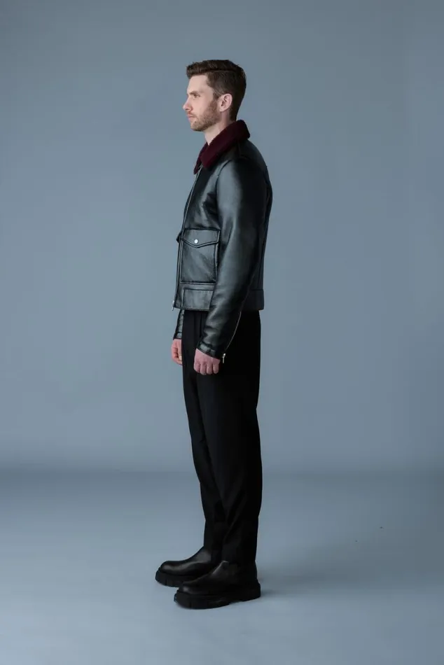 Leather Jackets Men Mackage ENZO Sheepskin Jacket With Shearling Collar Blackgarnet