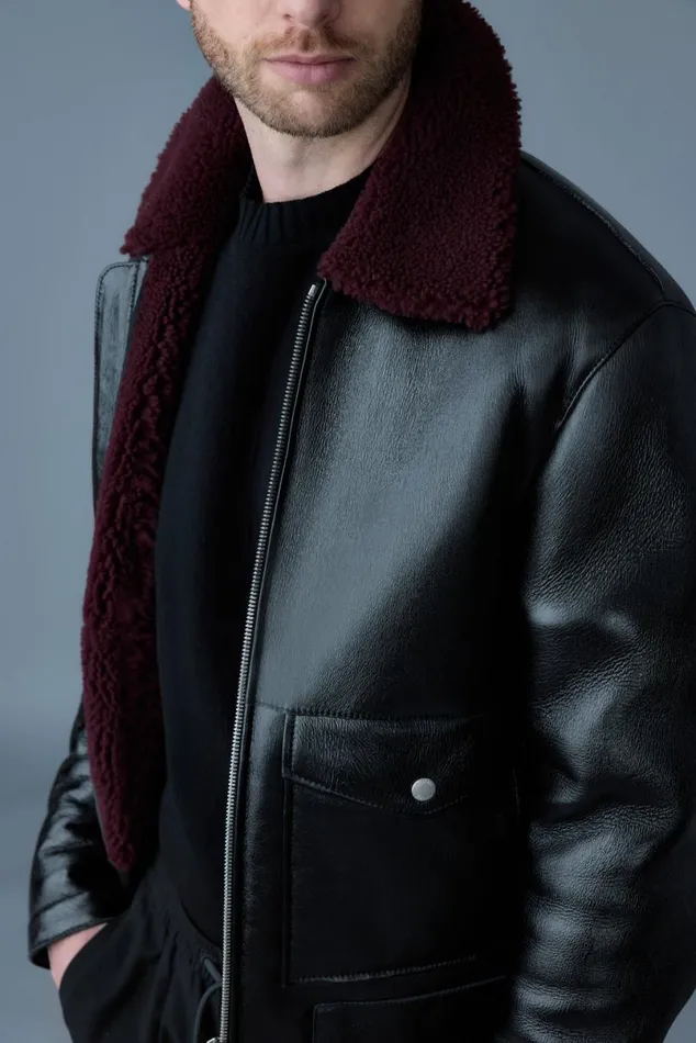 Leather Jackets Men Mackage ENZO Sheepskin Jacket With Shearling Collar Blackgarnet