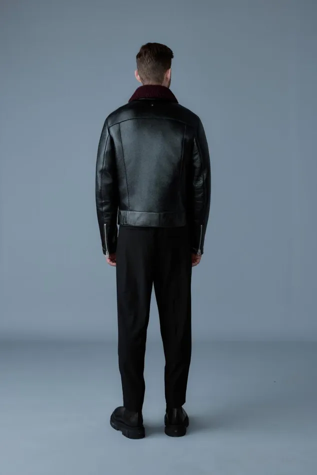 Leather Jackets Men Mackage ENZO Sheepskin Jacket With Shearling Collar Blackgarnet