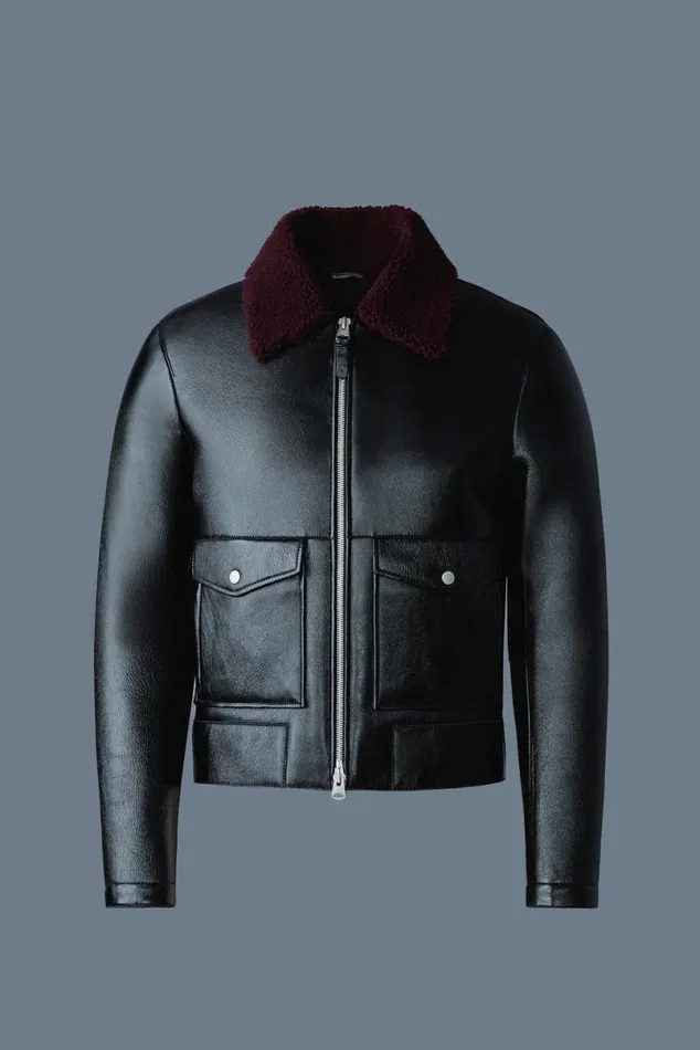 Leather Jackets Men Mackage ENZO Sheepskin Jacket With Shearling Collar Blackgarnet