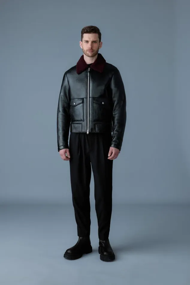Leather Jackets Men Mackage ENZO Sheepskin Jacket With Shearling Collar Blackgarnet