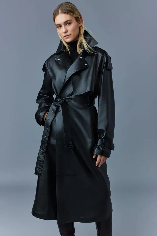 Leather Jackets Women Mackage ADRIANA Calfskin Trench Coat With Belt Black