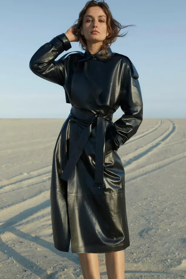 Leather Jackets Women Mackage ADRIANA Calfskin Trench Coat With Belt Black