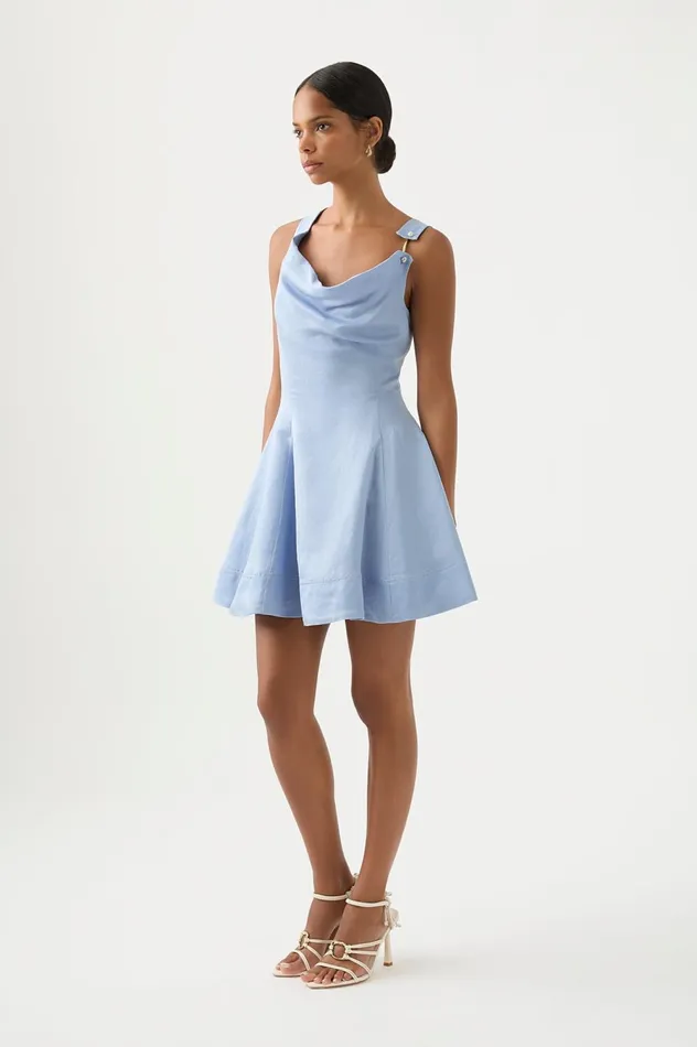 Liberty Asymmetric Mini Dress Steel Blue Women Aje Bridesmaid Dresses
