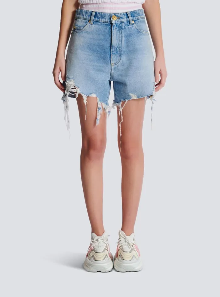 Light Blue Denim Shorts Blue Women Balmain Denim