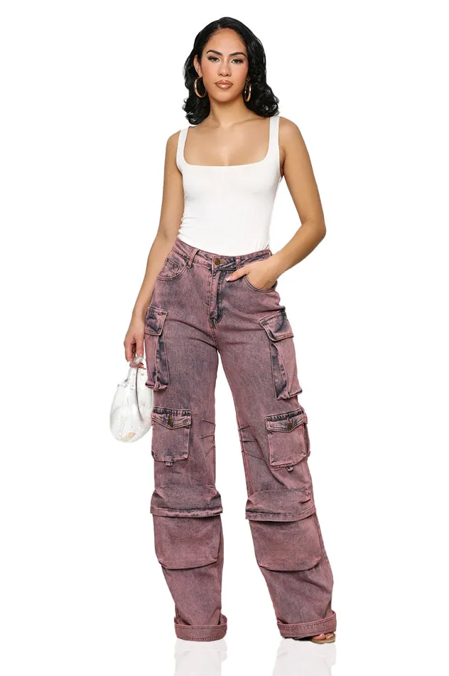 Lilly039s Kloset Denim Women Always On Go Distressed Cargo Jeans Purple Acid Wash FINAL SALE