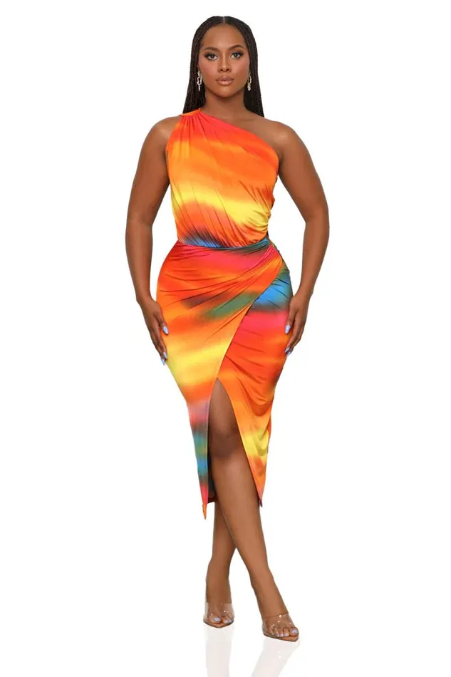 Lilly039s Kloset Dresses Women Arizona Sunset One Shoulder Dress Orange Multi