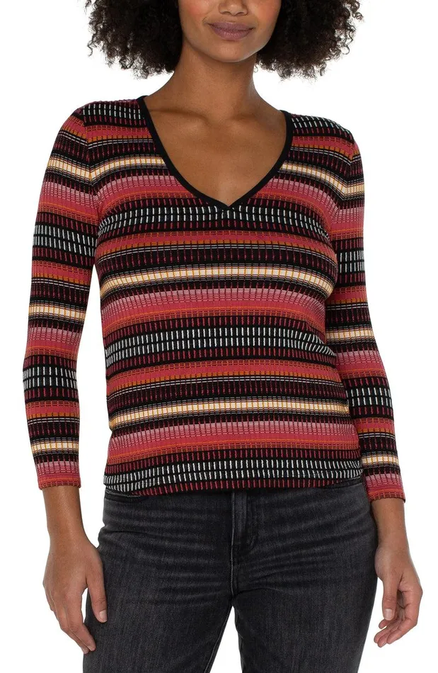 Liverpool Los Angeles 34 SLEEVE VNECK KNIT TOP Multi Abstract Stripe Women TSHIRTS