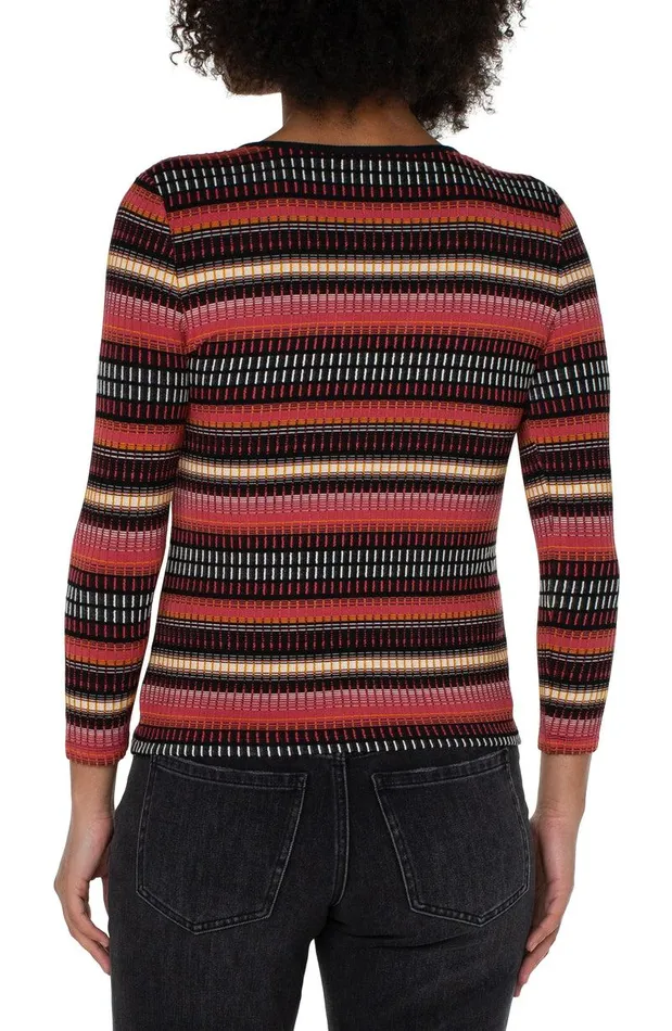 Liverpool Los Angeles 34 SLEEVE VNECK KNIT TOP Multi Abstract Stripe Women TSHIRTS