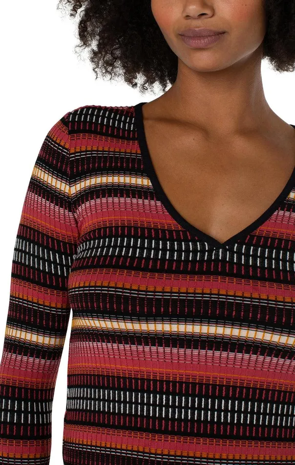Liverpool Los Angeles 34 SLEEVE VNECK KNIT TOP Multi Abstract Stripe Women TSHIRTS