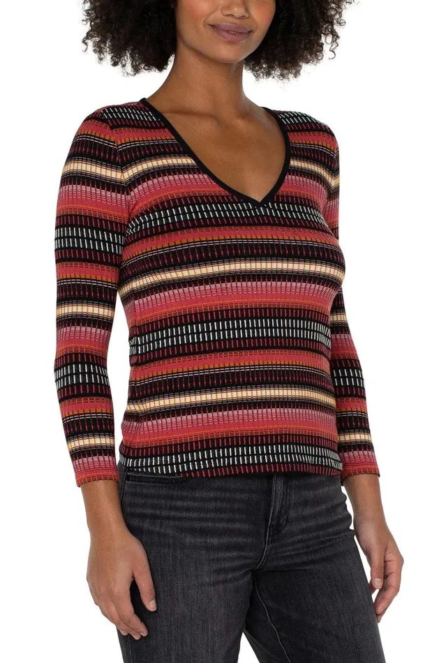 Liverpool Los Angeles 34 SLEEVE VNECK KNIT TOP Multi Abstract Stripe Women TSHIRTS