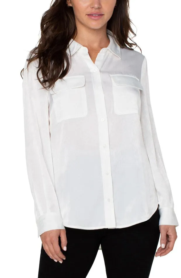 Liverpool Los Angeles BUTTON UP WOVEN BLOUSE WITH FLAP POCKETS Cream Women WOVEN TOPS