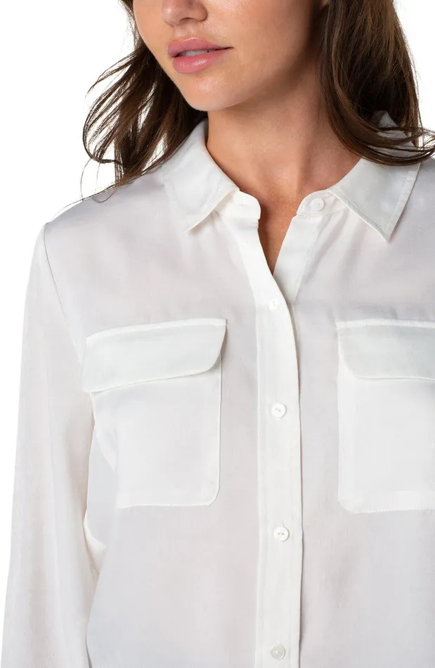 Liverpool Los Angeles BUTTON UP WOVEN BLOUSE WITH FLAP POCKETS Cream Women WOVEN TOPS