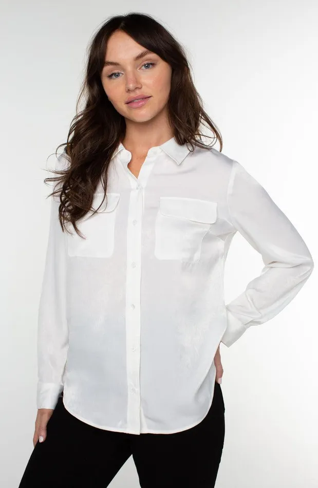 Liverpool Los Angeles BUTTON UP WOVEN BLOUSE WITH FLAP POCKETS Cream Women WOVEN TOPS