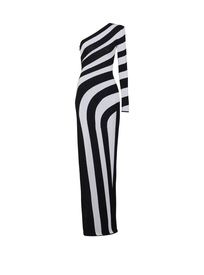 Long Asymmetrical Striped Knit Dress Black Women Balmain Dresses