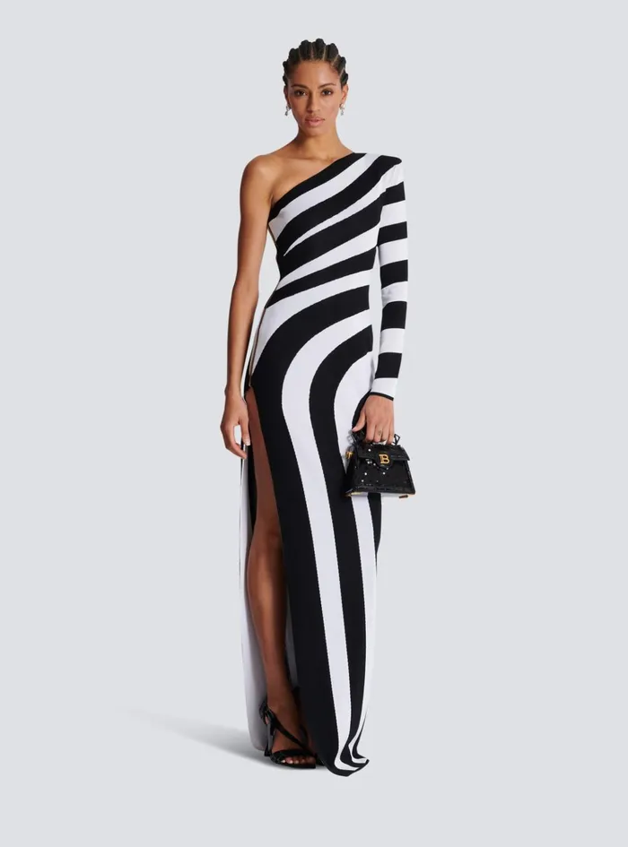 Long Asymmetrical Striped Knit Dress Black Women Balmain Dresses