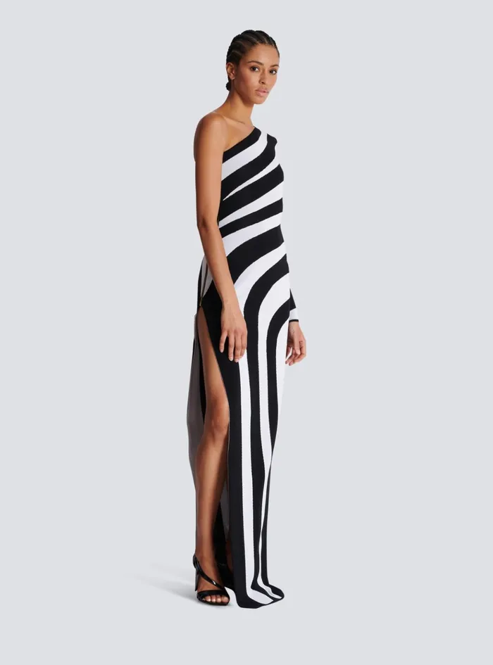 Long Asymmetrical Striped Knit Dress Black Women Balmain Dresses