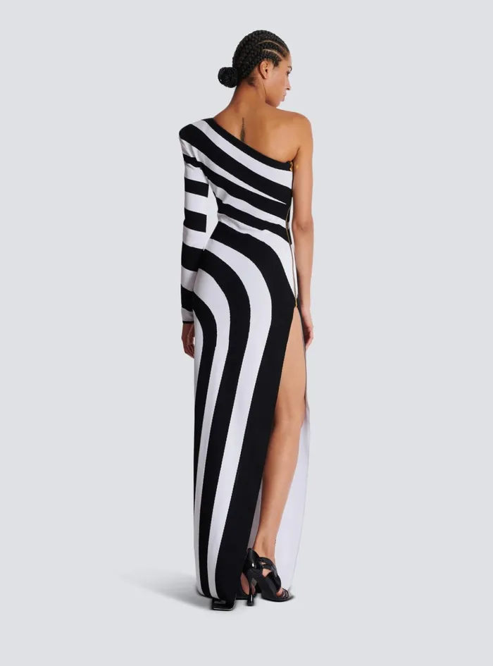 Long Asymmetrical Striped Knit Dress Black Women Balmain Dresses