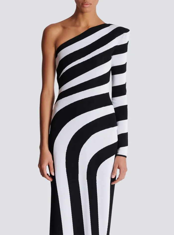 Long Asymmetrical Striped Knit Dress Black Women Balmain Dresses