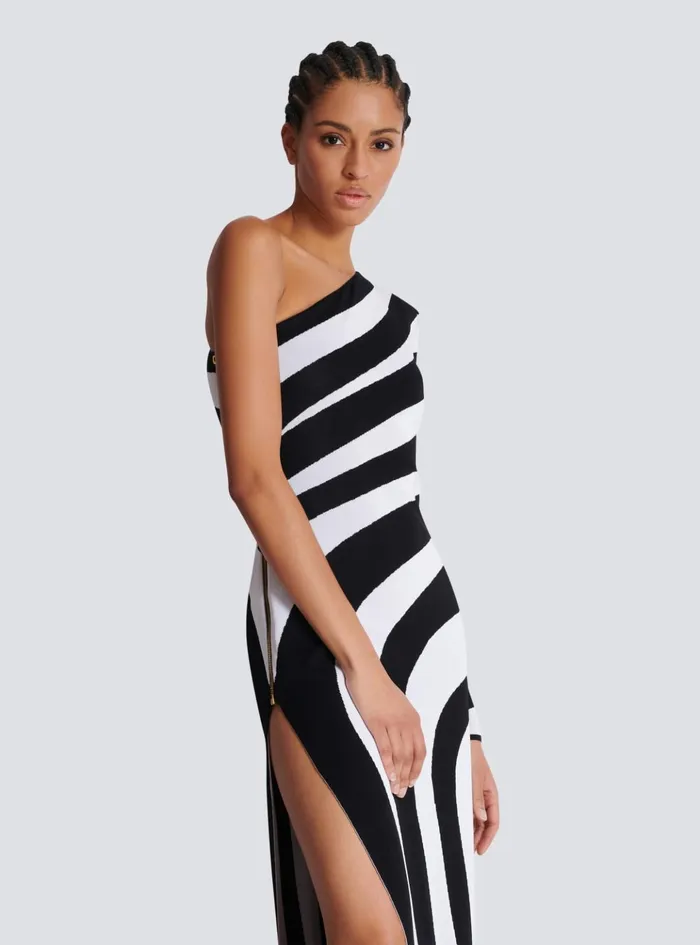 Long Asymmetrical Striped Knit Dress Black Women Balmain Dresses