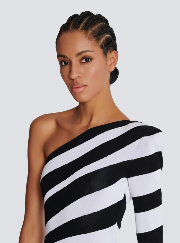 Long Asymmetrical Striped Knit Dress Black Women Balmain Dresses