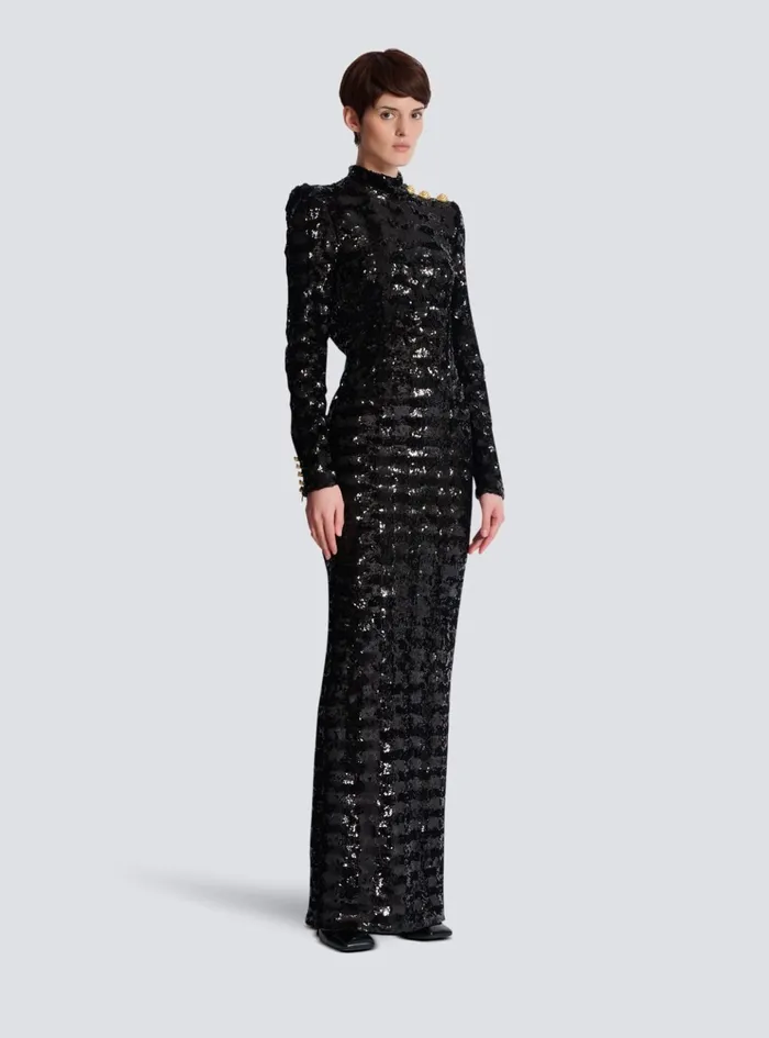 Long Sequin Dress Black Women Balmain Dresses