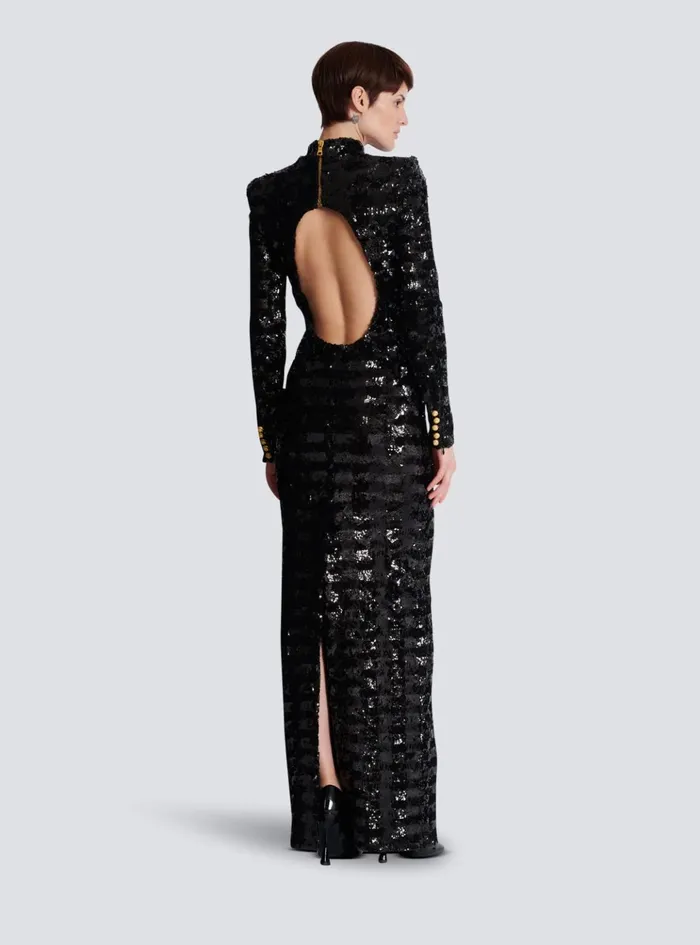 Long Sequin Dress Black Women Balmain Dresses