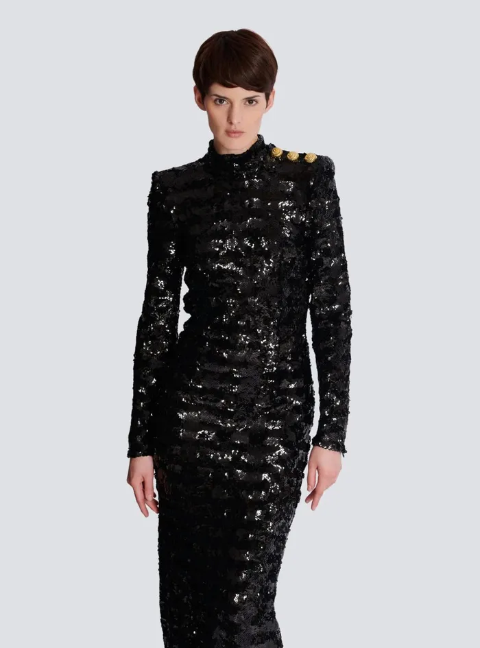 Long Sequin Dress Black Women Balmain Dresses